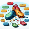 An illustrative analysis of why Crocs Classic Clogs have become a footwear phenomenon. Imagine a single pair of brightly coloured, oversized, foam resin clogs in the middle of a white background. The shoes contain various customizable holes. Show the shoes from a perspective angle to showcase their unique shape and design. Their logo prominently visible. Next to the shoes, show a bulleted list floating in the air. The list could include comfortable design, wide color range, and practicality and durability, growing popularity among different age groups, and the versatility of the shoe for different situations.